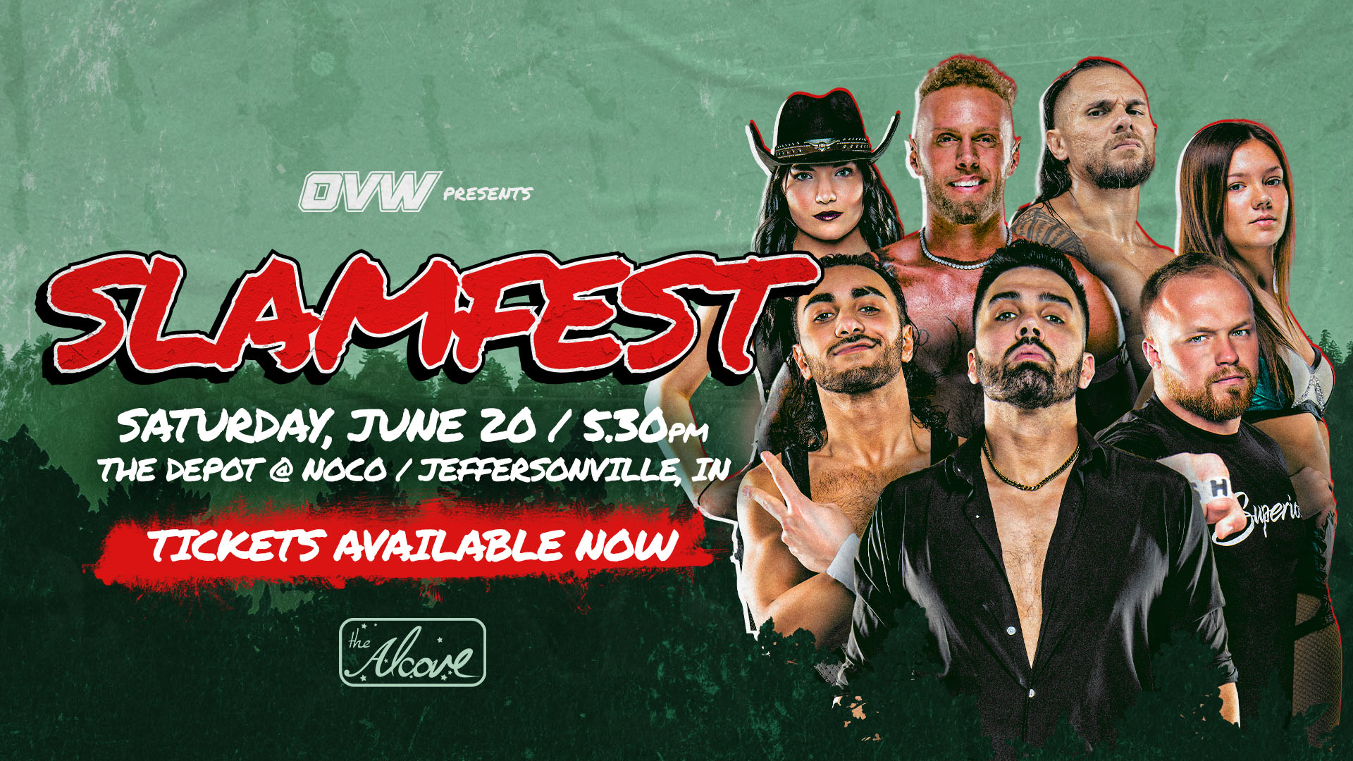 Poster for Slamfest wrestling event featuring a group of diverse wrestlers; the bold red 'SLAMFEST' title dominates the green background with event details and 'Tickets Available Now' at the bottom.