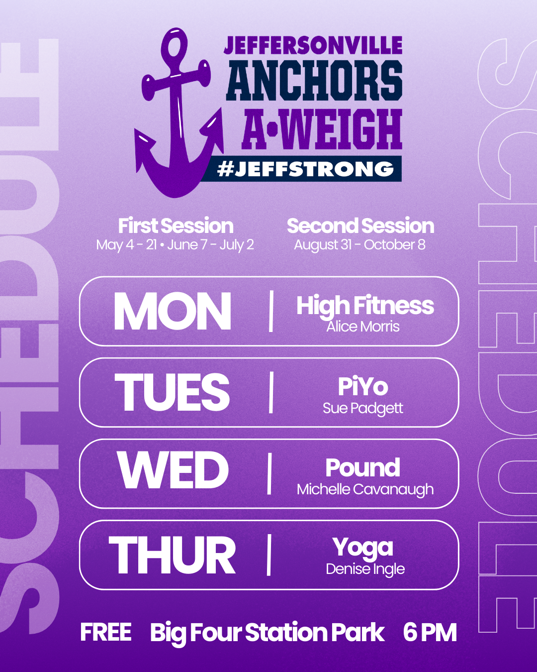 Poster for Jeffersonville Anchors A-Weight #JeffStrong with a purple gradient and anchor logo; schedule of days Mon–Thu and instructors’ names listed beneath rounded boxes.