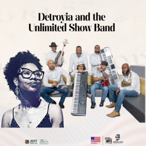 A group of musicians with keyboards, saxophone, and other instruments posing on a light background, with a large portrait of a woman in the foreground and sponsor logos at the bottom.
